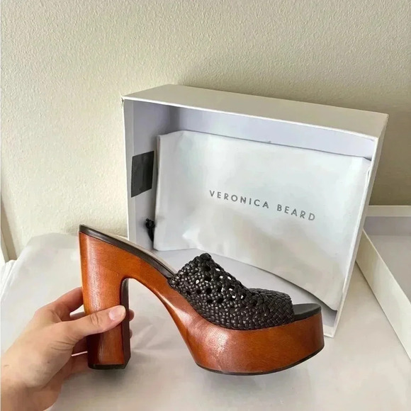 NWB Veronica Beard Guadalupe Leather Wood Chunky Braided Platform Sandal Heel 9 - Picture 5 of 8